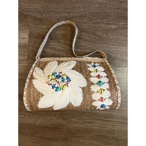 Vintage 1960s Woven Straw Floral Barrel Purse Bag Raffia Flowers Mid Century